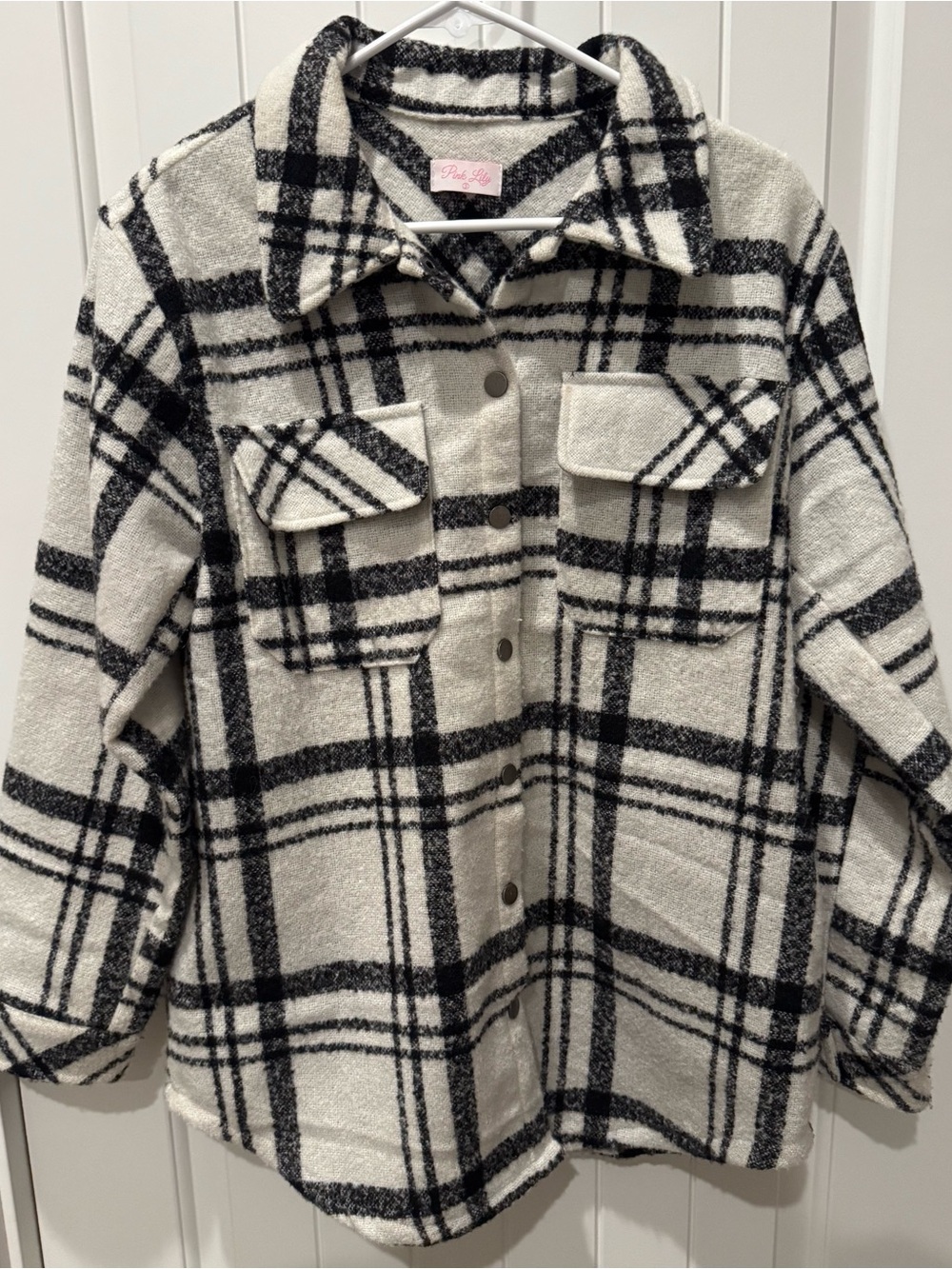 Pink Lily Black & White Plaid Flannel Shacket - Small